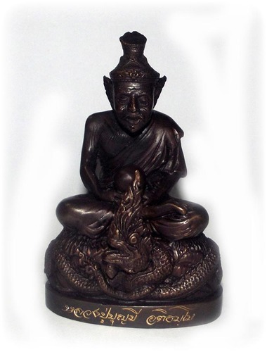 Por Phu Ruesi Narot Nang Paya Nak (Naradha sitting on a Naga Throne) 2.2  x 3.6 Inch Bucha Statue - Nuea Samrit Rom Dam (Sacred Bronze) 2 Takrut 1 + Loi Ongk - Luang Phu Bun Mee 2555 BE