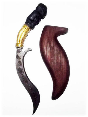 Mitmor Daam Hanuman - 7 Inches Long Ritual Knife with Sacred Inscriptions and Hanuman Hilt Hand Carved from Black Holy Tree Wood - Luang Por Prohm