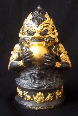 Pra Rahu Om Jant (Eclipse God Swallowing the Moon) Bucha Statue 4 Inches Wide x 8 Inches High Bronze with Gold leaf - 'Sadta Mongkol' (Seven Blessings) edition - Por Tan Kloi - Wat Phu Khao Tong