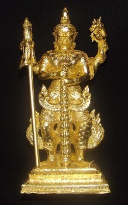 Roop Lor Taw Waes Suwan Tri Plab Pela (Three Legged Asura King of Wealth) - 4.6 Inch High Bucha Statue - Sacred Bronze 24 K Gold Leaf Coating - Wat Na Pra Meru Blessed by Pra Ajarn Ord &amp; 96 Guru Monks