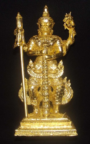 Roop Lor Taw Waes Suwan Tri Plab Pela (Three Legged Asura King of Wealth) - 4.6 Inch High Bucha Statue - Sacred Bronze 24 K Gold Leaf Coating - Wat Na Pra Meru Blessed by Pra Ajarn Ord & 96 Guru Monks Roop Lor Taw Waes Suwan Tri Plab Pela (Three Legged Asura King of Wealth) - 4.6 Inch High Bucha Statue - Sacred Bronze 24 K Gold Leaf Coating - Wat Na Pra Meru Blessed by Pra Ajarn Ord & 96 Guru Monks