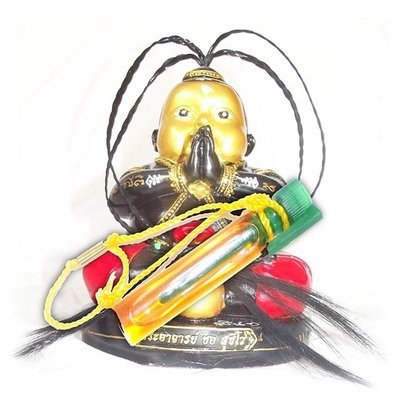 Kumarn Tong Raay Montr Jao Sap Casting Spells of Riches 5.5 x 7.5 Inch Statue 4 Takrut Magic Coin, Gems + Anointment Prai Oil Pra Ajarn Chor 2555 BE
