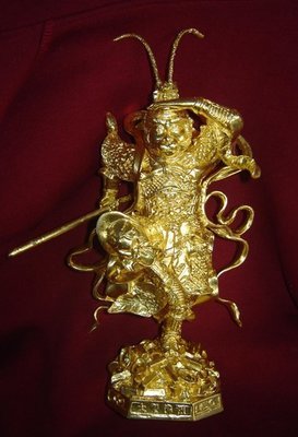 Bucha Statue 11 Inches Jao Por Heng Jia Thai-Chinese Monkey Deity - Pang Chana (Winning Posture) - Brass with real gold coating and sacred powders in base - Wat Sam Jeen