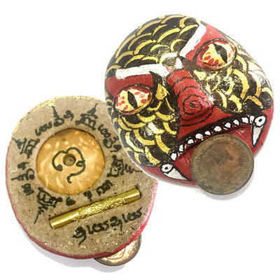 Phii Pa Nan Gambling Ghost Painted Mask with Gambler Corpse Coin in Mouth Prai Powders Takrut Sethee - Ajarn Nu Burapa