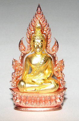 Pra Putta Chinarat (Loi Ongk Statuette) 'Jom Rachan' (Warrior King) edition 2555 BE - Nuea Loha Chup Pink Gold Ongk Chup Tong (Pink Gold + Gold Plated Buddha) - Wat Pra Sri Radtana Maha Tat