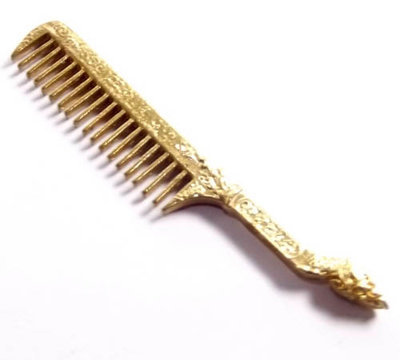 Hwee Maha Mongkol Money Comb of Great Blessings with Naga Head Handle (Small 6.2 cm) - Nuea Rakang Chup Tong (Sacred Bronze + Goldplating) - Luang Phu Maha Kam Daeng - Sadta Mongkol Edition 2555 BE