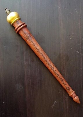 Mai Kroo Paetchalugan - Mai Makaa 145 Pi - 145 year old Sacred Tree Wood Wand with Ruesi Head, 15 Gram Silver Takrut, Spell Inscription, filled with Sacred Powders - Ajarn Supot Ler Cha