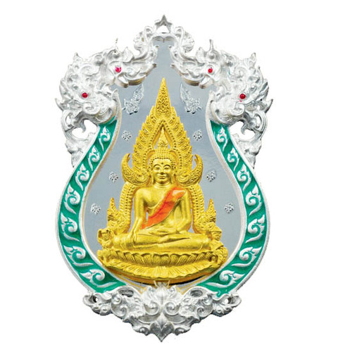 Rian Chalu Pra Putta Chinarat &#39;Jom Rachan&#39; (Warrior King) edition 2555 BE - Nuea Ngern Long Ya Si Khiaw (Solid Silver + Gold Buddha with Green Enamel) - Wat Pra Sri Radtana Maha Tat