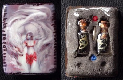 Nang Jing Jork Gao Hang 9 Tailed Fox Tail Lady Ghost Locket with Super Concentrated Prai Powders and double Prai Oil flasks with gemstones in rear face - Takrut spell insert - Kroo Ba Beng