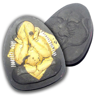 Pra Pid Ta Pokasap Amulet made from Sacred Black Powder with Gold Leaf and 28 Solid Silver Takrut Spells by Luang Por Supoj of Wat Huang Pattana