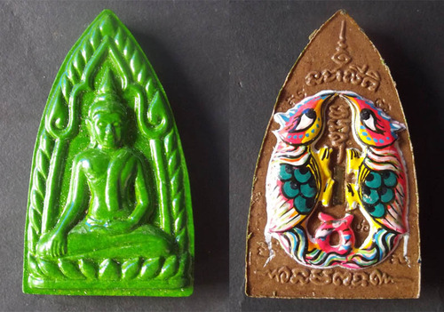 Pra Khun Phaen Klueab Hlang Taep Sariga Pim Yai - Glazed Green Ceramic  with Hand Painted Magpies - &#39;Wai Kroo 2555&#39; Edition - Luang Por Chor Suchiwo - Wat Nong Saeng