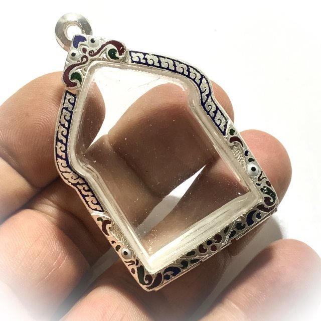 Solid Silver Frame Case for Pra Khun Phaen Pong Prai Kumarn 3 x 4 Cm Type Amulets Rachawadee Coloured Glaze