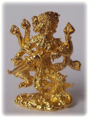 Hanuman Paed Gorn (eight armed Hanuman) - Nuea Loha Chup Tong (Sacred Bronze Gold Plated) - Luang Por Poon - Wat Pai Lom 2547 BE