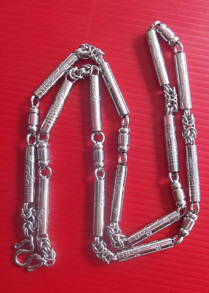 Stainless Steel Neckchain with Pra Sangkajjai Buddha embossed pattern for 1 - 5 Amulets - Thick Gauge bars and knotted chain 26 Inches