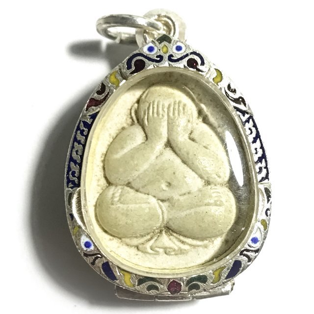 Pra Pid Ta YSS 2535 BE Buddha Amulet Solid Silver Casing Rachawadee Glaze - Blessed by Somdej Prayan Sangworn - Wat Huay Waree Nuea