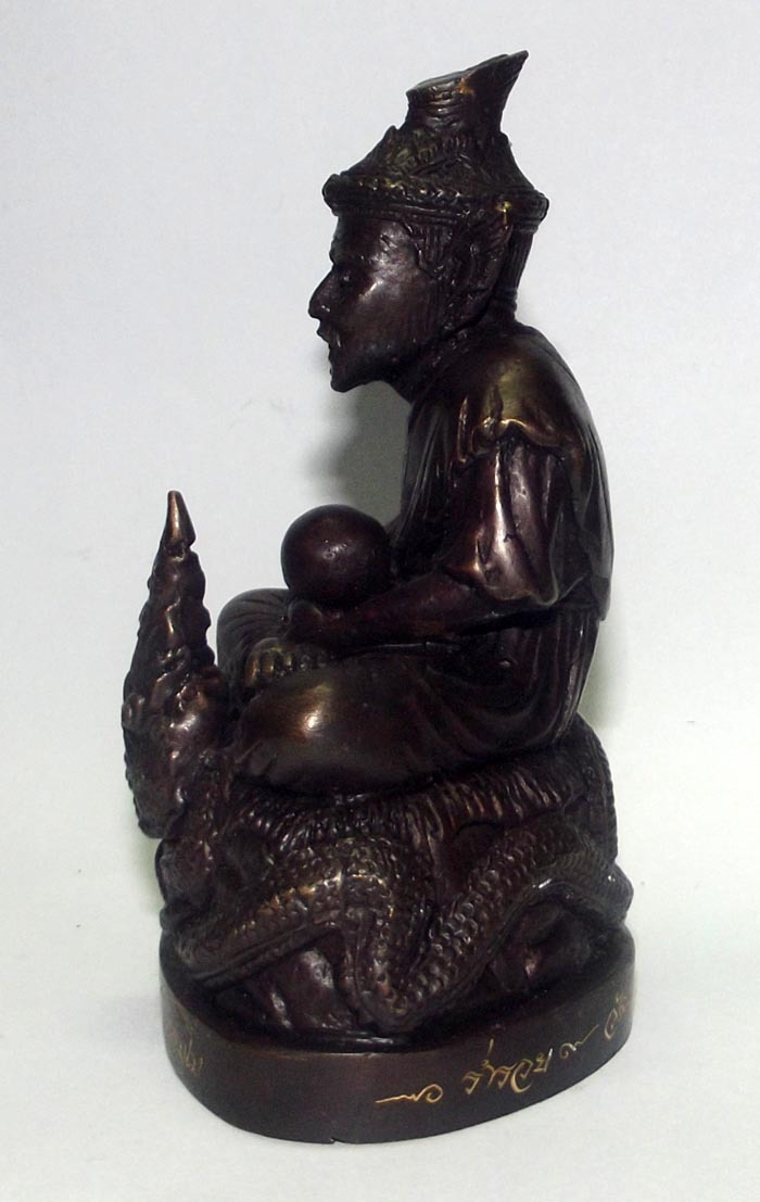 Por Phu Ruesi Narot Nang Paya Nak (Naradha sitting on a Naga Throne) 2.2 x 3.6 Inch Bucha Statue - Nuea Samrit Rom Dam (Sacred Bronze) 2 Takrut 1 + Loi Ongk - Luang Phu Bun Mee 2555 BE