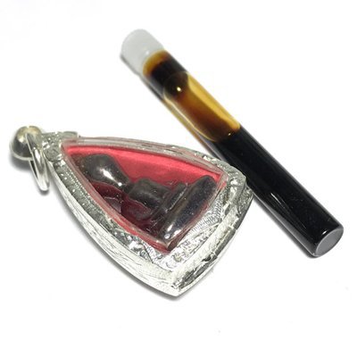 Pra Pim Pra Put Nuea Lek Lai See Tong Pla Hlai in Silver Casing + Nam Pheung Duean Ha Sacred Honey + Takrut Sariga - Ta Poon Forest Lay Sorceror