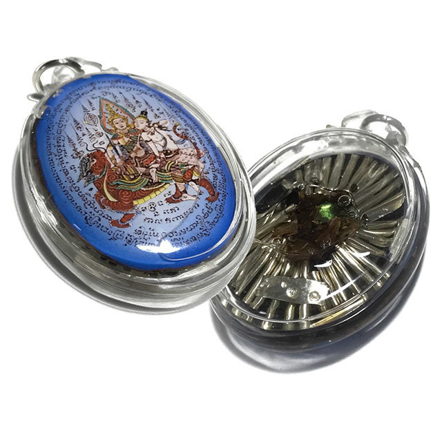 Tewada Long Hong Paetch Payatorn Large Blue Locket in Prai OIls, Charm Powders, Rak Sorn Flower, Emerald &amp; 40 Takrut Luang Phu In
