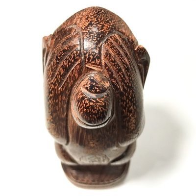 Ling Pid Ta Mai Gae 4.8 Inches Carved Closed Eyes Monkey Hand Inscribed Sacred Wood Statue Luang Por Bpun