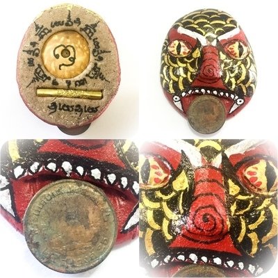 Phii Pa Nan Gambling Ghost Painted Mask with Gambler Corpse Coin in Mouth Prai Powders Takrut Sethee - Ajarn Nu Burapa