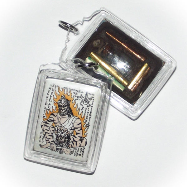 Locket Phu Jao Saming Prai (Tiger Face Ruesi) - Yellow Version - Ud Nam Man Prai + Chin Aathan relic + 4 Takrut &#39;Bucha Kroo 2555 BE&#39; Edition - Pra Ajarn Oe - Free Casing