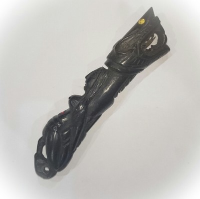 Palad Khik Mae Nang Kruan Hua Chamot with Gemstone Eyes + Golden Takrut Tongue Sacred Powders Stuffed in Throat - Paya Ngiw Dam Treewood 6 Inches - Luang Por Erp Wat Sum Gratay