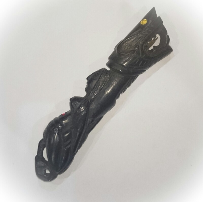 Palad Khik Mae Nang Kruan Hua Chamot with Gemstone Eyes + Golden Takrut Tongue Sacred Powders Stuffed in Throat - Paya Ngiw Dam Treewood 6 Inches - Luang Por Erp Wat Sum Gratay