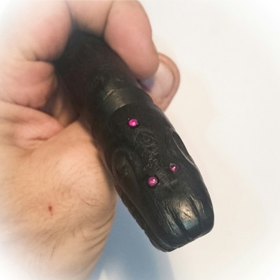 Palad Khik Hua Chamot Lin Ngern with 3 Madagascar Ruby Eyes + 2 Takrut in Base &amp; Silver Takrut Tongue - Sacred Powders in Throat - Paya Ngiw Dam Sacred Wood 4.5 Inches - Luang Por Erp