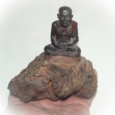 Luang Por Tuad sitting on Lek Lai Adamantine substance - Bucha Statue 4.5 x 5 x 3.5 Inches - Blessed by Luang Phu Khai, Luang Por Prohm, and other Khao or Master Monks