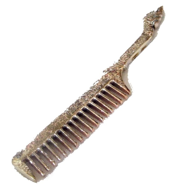 Hwee Maha Mongkol (Small 6.2 Cm) Money Comb of Great Blessings with Naga Head Handle - Nuea Tong Khaw (Silver Alloy) - Luang Phu Maha Kam Daeng  - Sadta Mongkol Edition 2555 BE