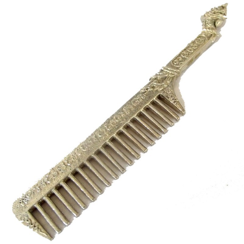 Hwee Maha Mongkol (Large 12 Cm) Money Comb of Great Blessings with Naga Head Handle - Nuea Tong Khaw (Silver Alloy) - Luang Phu Maha Kam Daeng  - Sadta Mongkol Edition 2555 BE