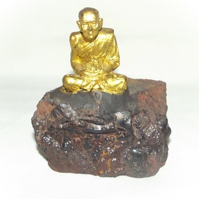 Luang Por Tuad sitting on Lek Lai Adamantine substance (Gold Painted) - Bucha Statue 4 x 3.8 x 2 Inches - Blessed by Luang Phu Khai, Luang Por Prohm, and other Khao or Master Monks