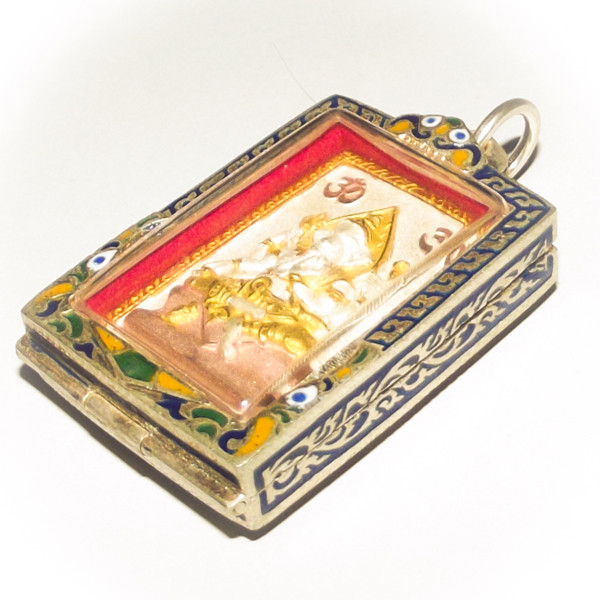 Sorng Maha Taep Pra Pikanes Pra Prohm Sam Kasat - Brahma and Ganesha two sided Deity Amulet - Solid Silver Case with Rachawadee Enamels - Sri Sukh 255BE Edition - Kroo Ba Krissana
