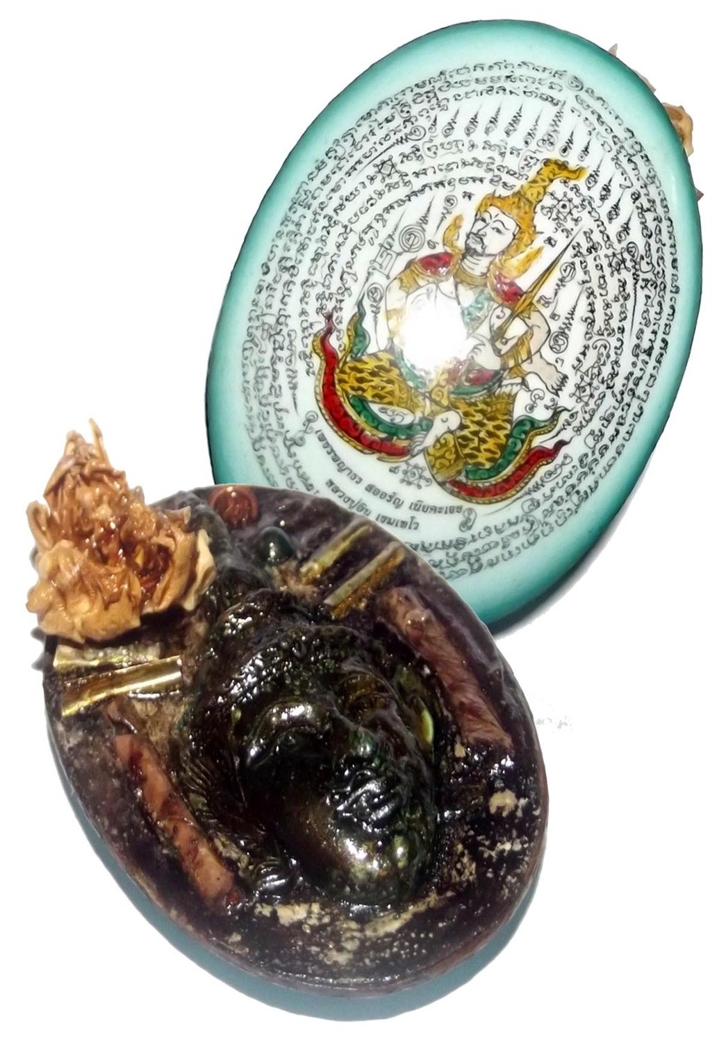 Tewada Long Hong (Paetch Payatorn) - Chak Faa - Blue Face Large Locket- 1 Rak Sorn Flower, 1 Deva, 1 Black Pearl 6 Takrut - Nia Kajia Maha Sanaeh 2554 BE edition - Luang Phu In
