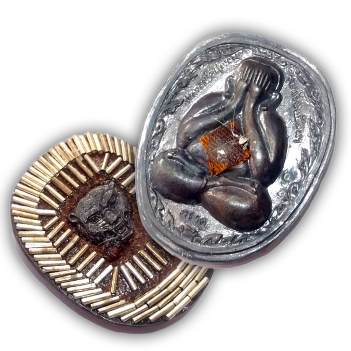 Pra Pid Ta Pokasap Nuea Loha Rom Dam with 108 Takrut, Sacred Gemstone, Buddhist Relics, and Tiger Amulet by Luang Por Supoj of Wat Huang Pattana
