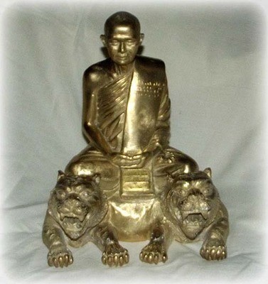 Bucha Statue of Luang Por Supoj Sitting on a Two Headed Tiger