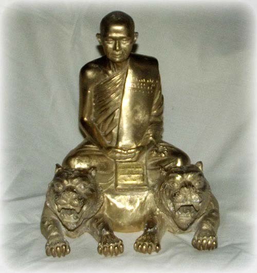Bucha Statue of Luang Por Supoj Sitting on a Two Headed Tiger