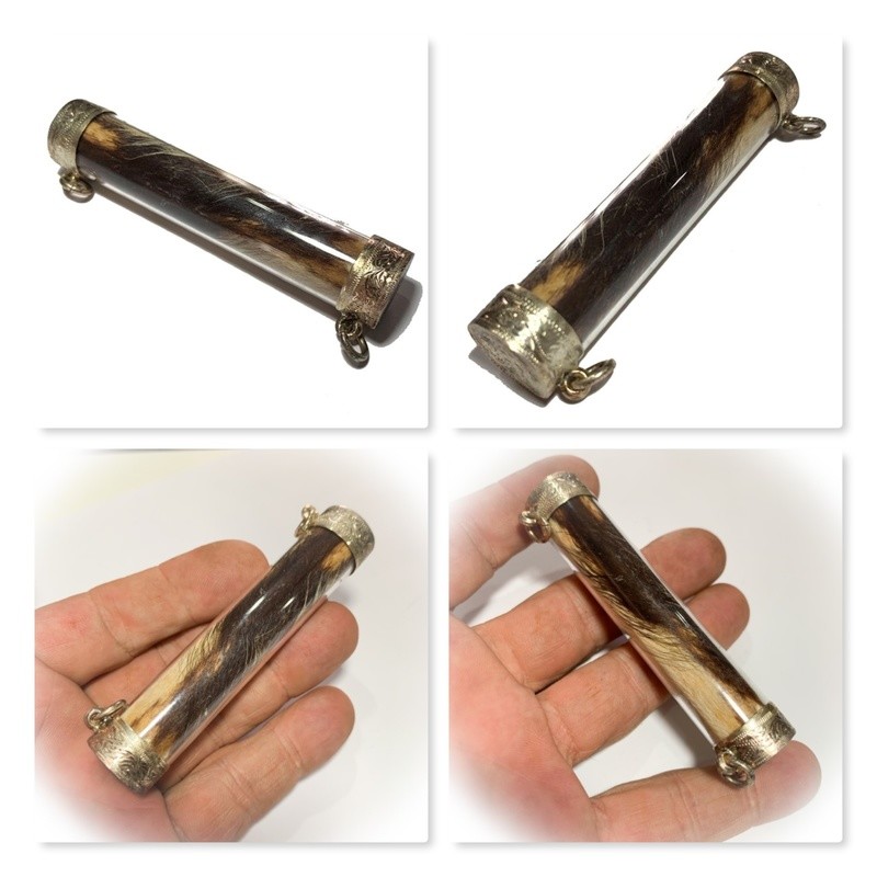 Takrut Hnang Suea Kroeng Maha Amnaj 10 Cm Scroll Tiger Amulet Engraved  Solid Silver Caps Luang Por Phern Wat Bang Pra