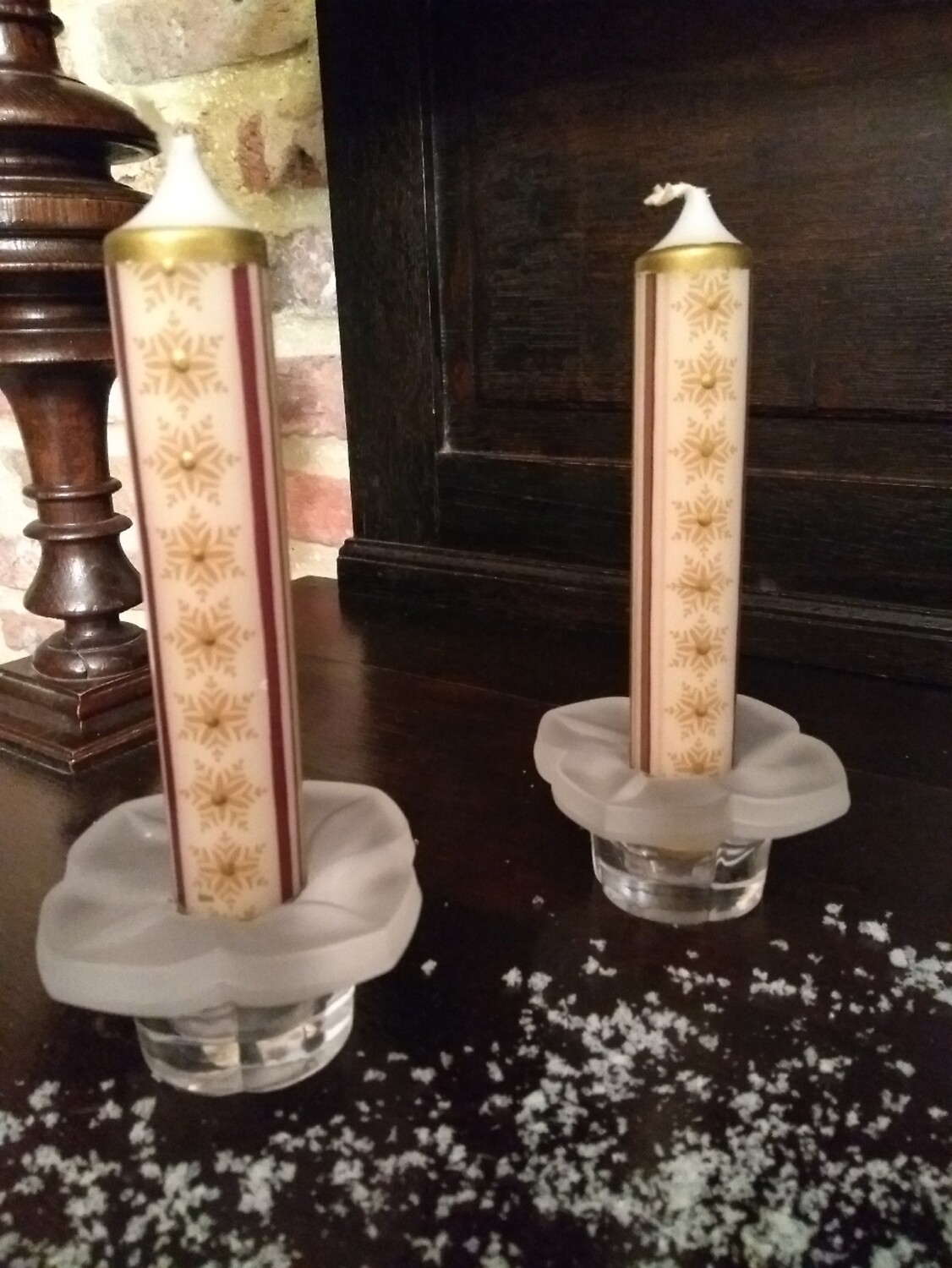 Kaars ijskristal ecru goud set van 2 stuks