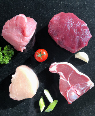 Mixed Grill, varkenshaas, kipfilet, biefstuk en lamskotelet per stuk                                € 7,95
