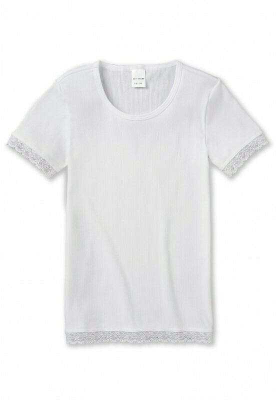 Schiesser - Shirt korte mouwen met kant dubbelrib wit - Long Life Cotton