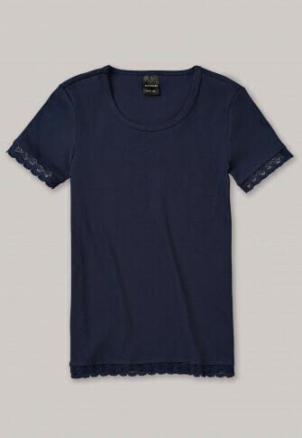 Schiesser - Shirt korte mouwen met kant dubbelrib nachtblauw - Long Life Cotton