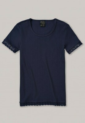 Schiesser - Shirt korte mouwen met kant dubbelrib nachtblauw - Long Life Cotton