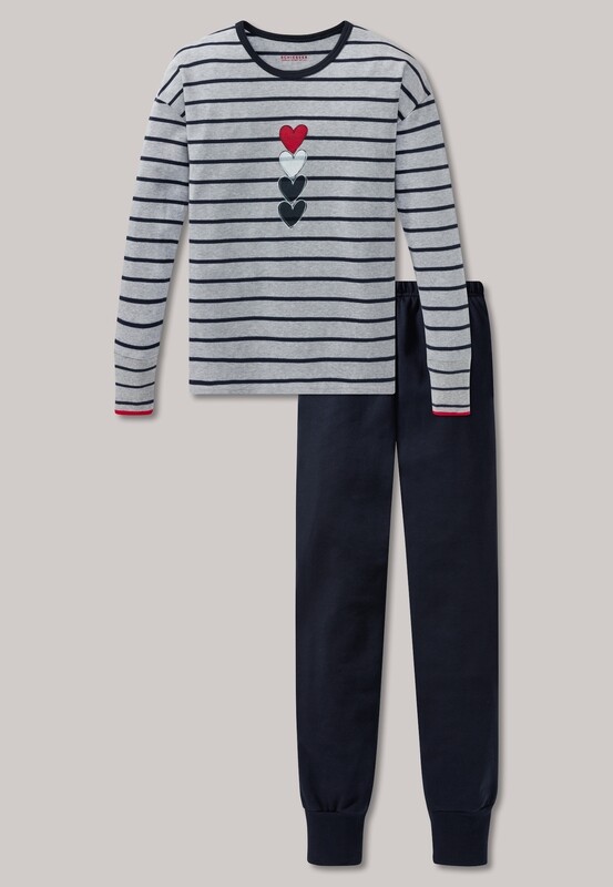 Schiesser - Pyjama lang interlock strepen hartjes grijs-gemêleerd - Red Delight *
