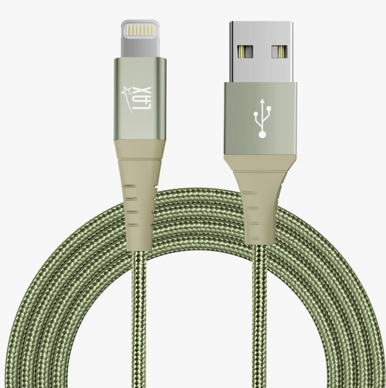 LAX GADGETS - Apple MFI Certified Durable Braided Lightning Charging Cable for iPhone - Kaki - 3 meter