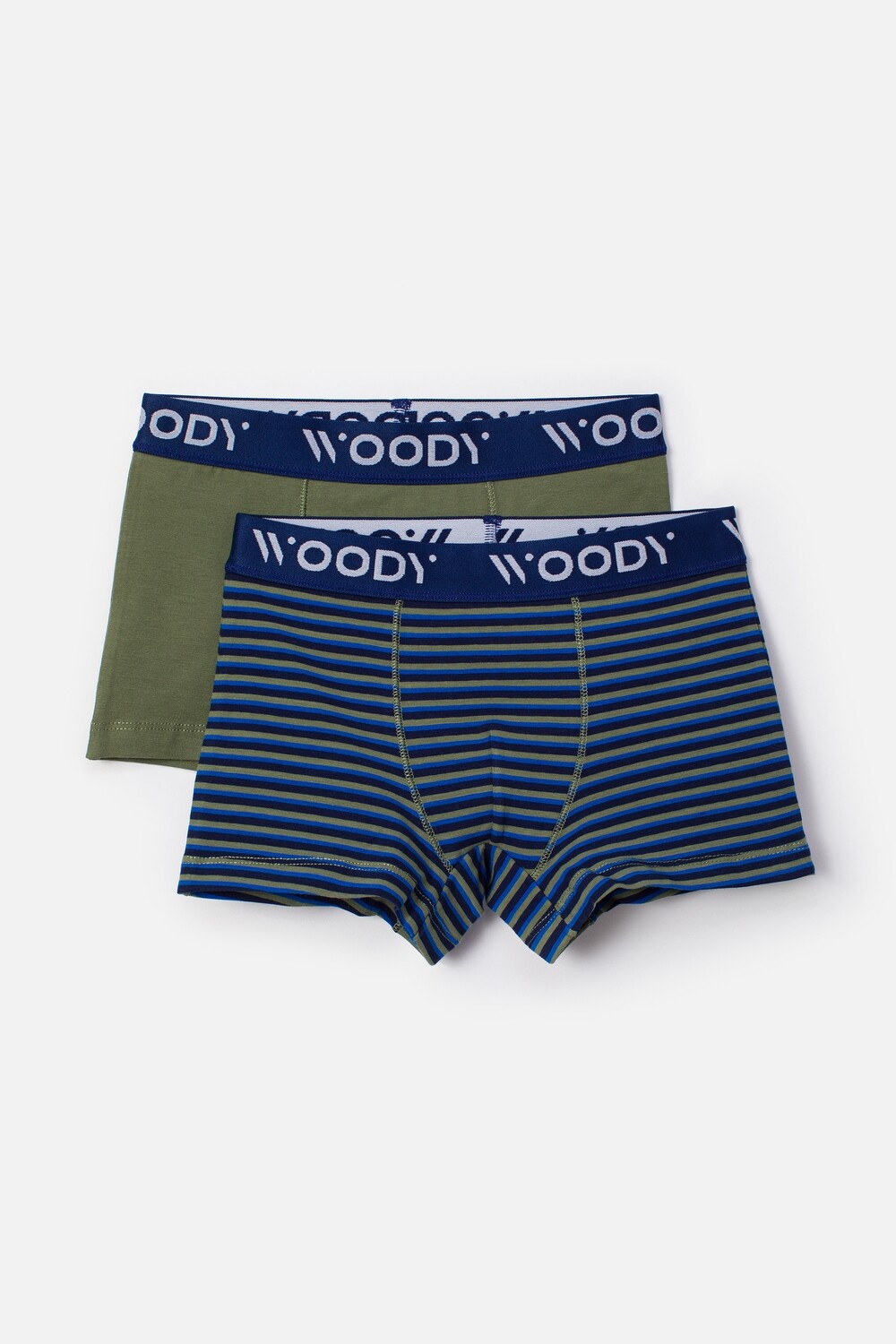 Woody - Jongens Boxers Duopack - Kaki Uni + Gestreept