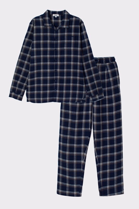 Woody - Jongens/Heren Pyjama van flanel katoen - Donkerblauw Geruit