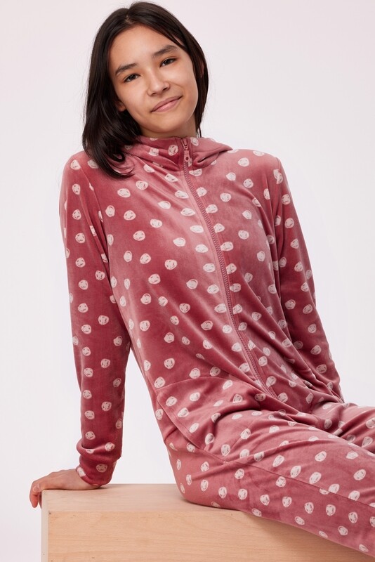 Woody - Meisjes Onesie in Velours- Roze met Bollen