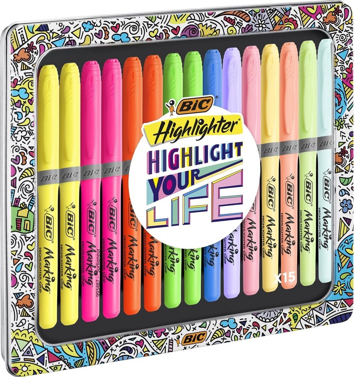 BIC Highlighter Grip Collection Box - Set of 15 highlighters with bright and pastel colors in a metal gift box.