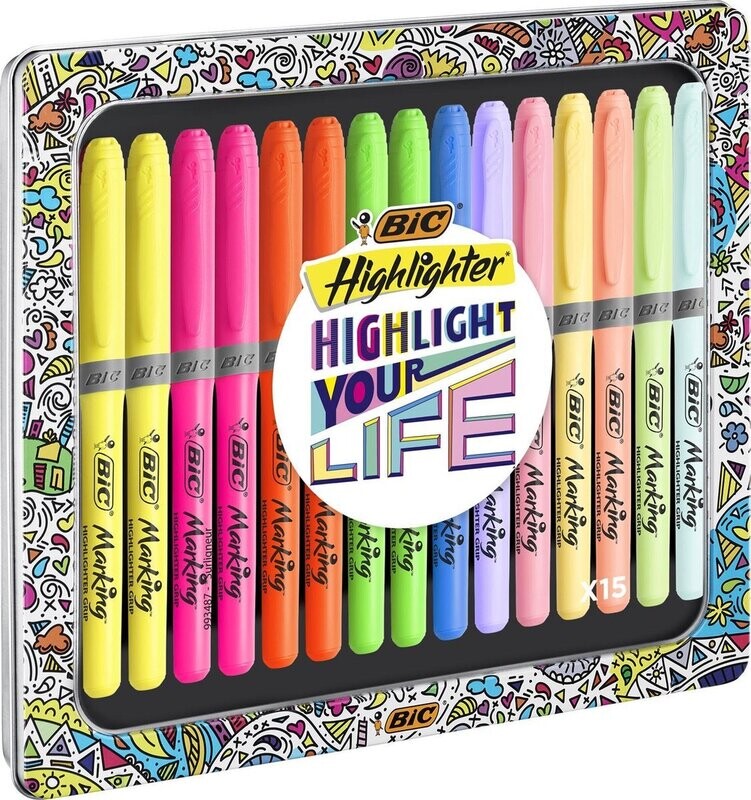 BIC Highlighter Grip Collection Box - Set of 15 highlighters with bright and pastel colors in a metal gift box.